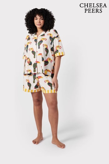 Chelsea Peers Cream Curve Organic Cotton Toucan Print Button Up Short Pyjama Set (B90737) | £48