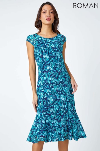 Roman Blue Floral Print Lace Midi Stretch Dress (B90767) | £48
