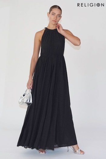 Religion Black Dusk Halter Neck Maxi Dress With Full Skirt (B90925) | £100