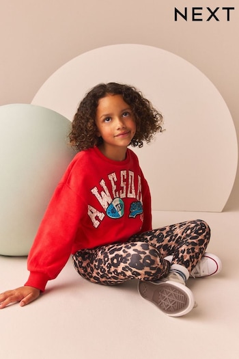 Red Varsity Sweatshirt And Animal Printed Leggings Set (3-16yrs) (B91008) | £0