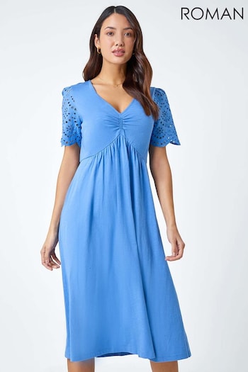 Roman Blue Cotton Broderie Sleeve Midi Dress (B91099) | £40