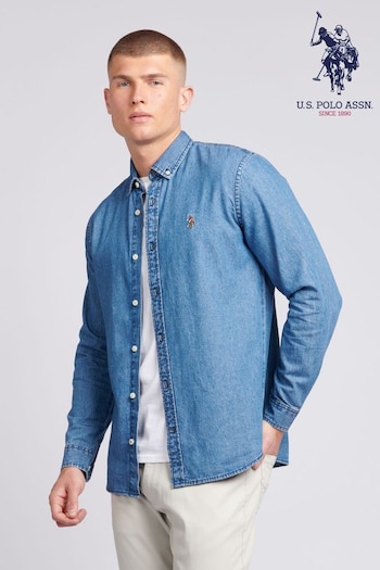 U.S. Polo pleated Assn. Mens Blue Chambray Shirt (B91351) | £65