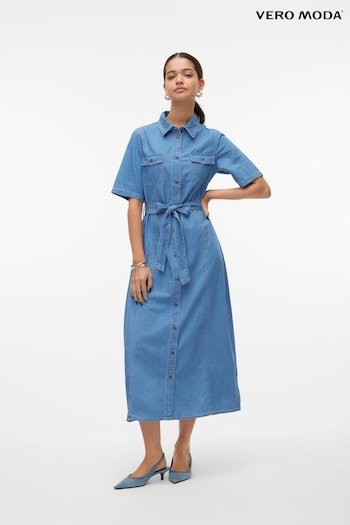 VERO MODA Blue Short Sleeve Denim Midi Dress With Belt (B91567) | £48