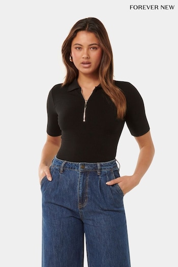 Forever New Black Mai Short Sleeves Zip Polo padded Shirt (B91692) | £40