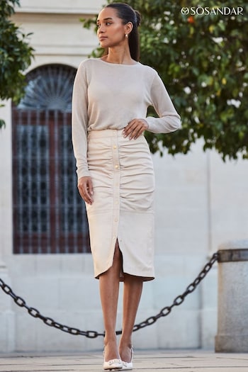 Sosandar White Leather Button Front Midi Skirt (B91958) | £165