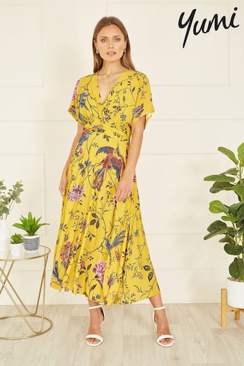 Yumi Yellow Viscose Bird And Floral Print Ruched Waist Midi Dress (B92016) | £55