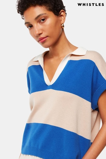 Whistles Blue Stripe Lyla Knitted Polo Uomo Shirt (B92117) | £89