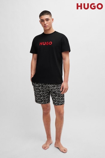 HUGO Stretch Cotton Logo Print Black Pyjama Set (B92189) | £99