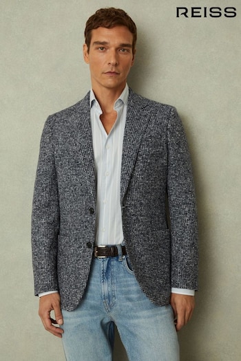 Reiss Navy/Grey Mineral Wool Blend Dogtooth Single Breasted Blazer (B92193) | £298