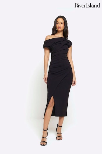 River Island Black Drape Asym Wrap Midi Dress (B92353) | £45