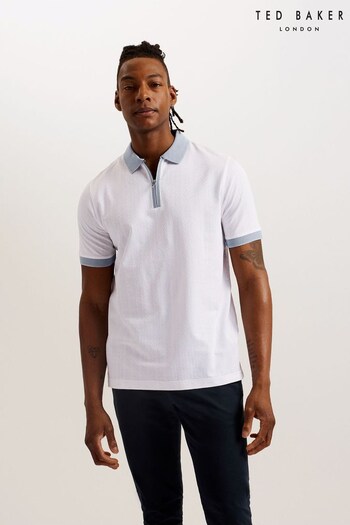 Ted Baker Arnival Short Sleeve Regular Textured Zip White Polo Shirt (B92478) | £75