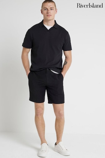 River Island Black Short Sleeve Regular Fit Open Neck Texture Polo T-Shirt (B92538) | £25