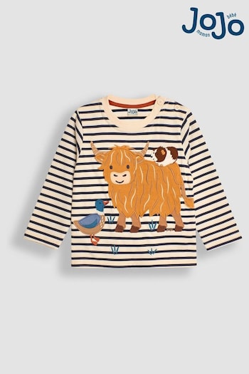 JoJo Maman Bébé Ecru Navy Stripe Highland Cow Appliqué Top (B92643) | £18