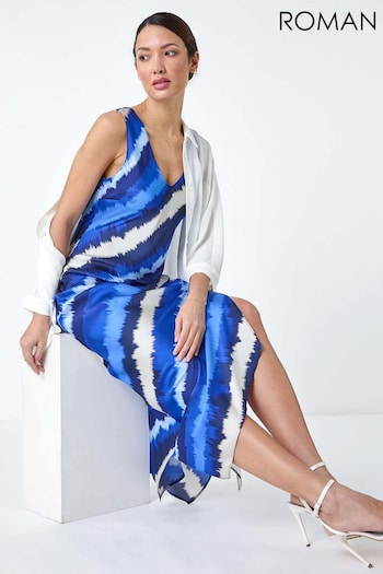 Roman Blue Stripe Print Satin Midi Slip Dress (B92779) | £45