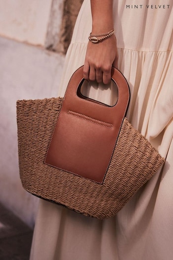 Mint Velvet Brown Leather Woven Basket and Bag (B92807) | £99