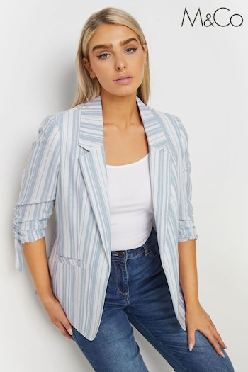 M&Co Blue White & Striped Linen Ruched Sleeve Blazer (B92906) | £50