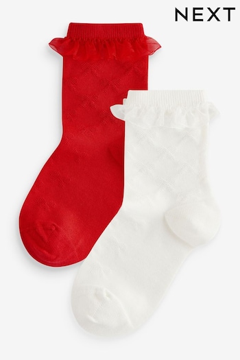 Red/Cream Cotton Rich Bow Texture Ankle Socks 2 Pack with Organza Frill (B92909) | £0