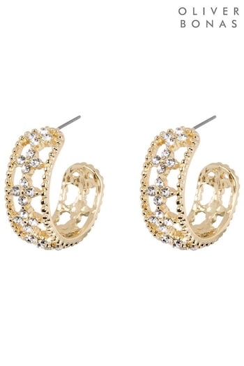 Oliver Bonas Gold Tone Roselle Clear Glass Stone Hoop Earrings (B93026) | £18