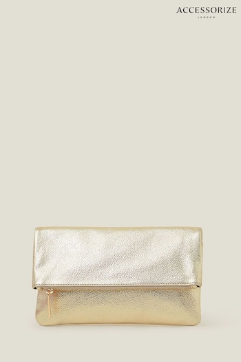 Accessorize Gold Leather Metallic Fold Over Clutch (B93210) | £32