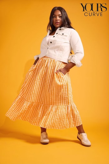Yours Curve Orange Gingham Tiered Pure Cotton Midi Skirt (B93213) | £31