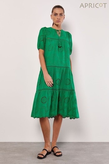 Apricot Green Cotton Broderie Tiered Midi Dress (B93275) | £45