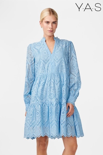 Y.A.S Blue Broderie Long Sleeve Tiered Dress Satin (B93858) | £75