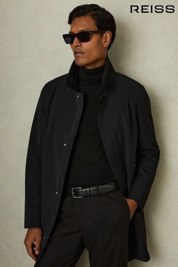 Reiss Black Logan Hybrid Removable Funnel Neck Overcoat (B93892) | £298