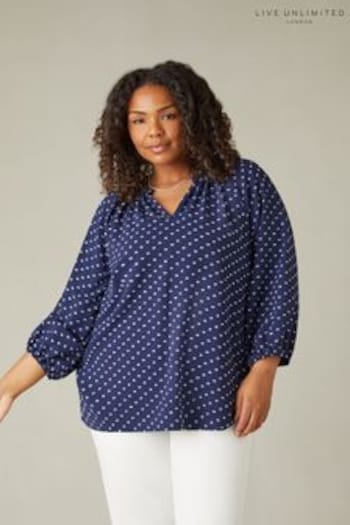 Live Unlimited Curve Blue Dobby Ruffle Neck Blouse (B93990) | £65