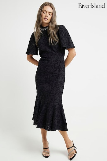 River Island Black Textured Embellished Midi Dress (B94111) | £60