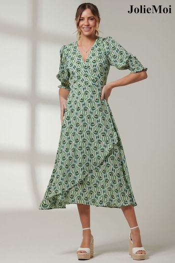 Jolie Moi Green V-Neck High Low Midi Cardin Dress (B94267) | £55