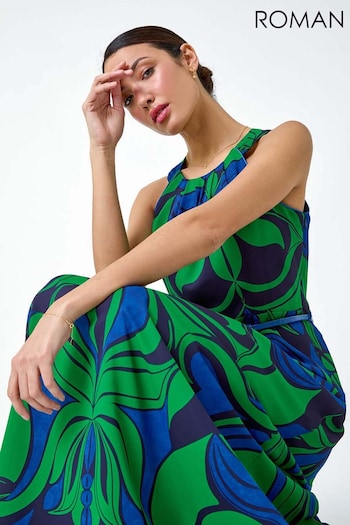 Roman Green Abstract Print Halter Neck Maxi Dress (B94307) | £60