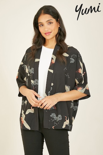 Yumi Black Crane Print Kimono (B94310) | £35