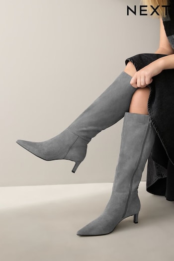 Grey Leather Forever Comfort® Knee High Skinny Heeled Boots (B94319) | £99