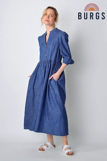 Burgs Womens Blue Valley Dress Midi Dress with Frill Detail and Large Pockets (B94451) | £58