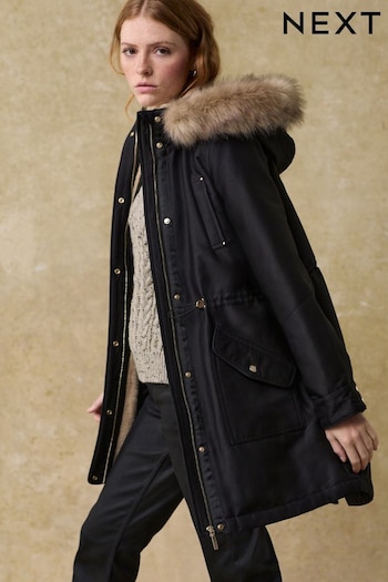 Black Hooded Parka With Faux Fur Trim (B94621) | £95