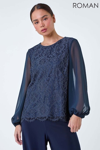 Roman Blue Lace Chiffon Sleeve Top (B94683) | £36