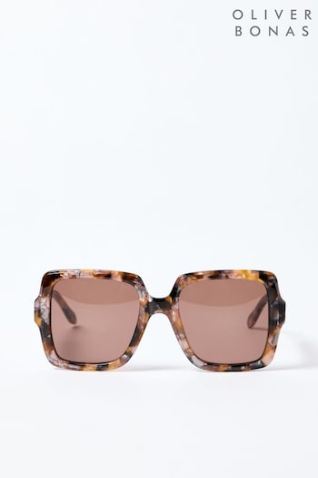Oliver Bonas Pink Faux Tortoiseshell Square Acetate Sunglasses (B94691) | £55