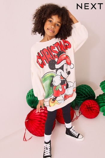 Ecru White Mickey Mouse Christmas License Jumper Dress (3-16yrs) (B94753) | £20 - £26