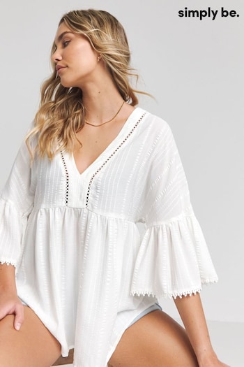 Simply Be Cream Textured V-Neck Ruffle Smock Top (B94861) | £28