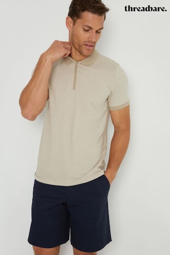 Threadbare Brown Jacquard Quarter Zip Cotton Polo Longues Shirt (B94905) | £20