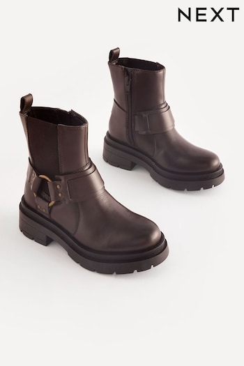 Brown Standard Fit (F) Leather Chunky Biker Boots (B95099) | £40 - £47