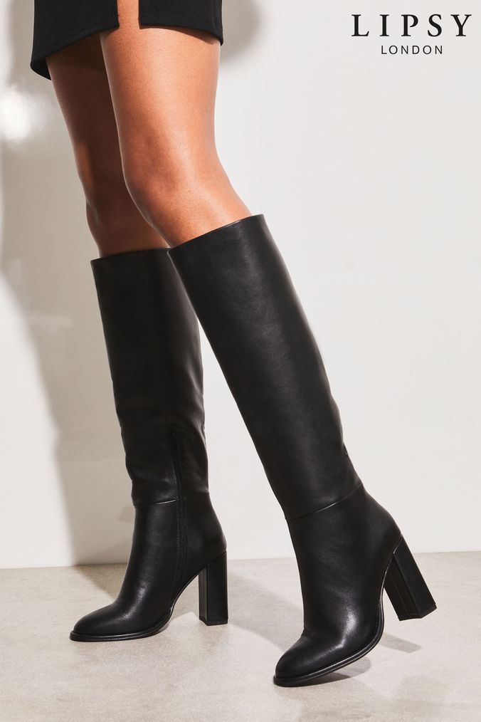 Black leather knee high dress boots sales