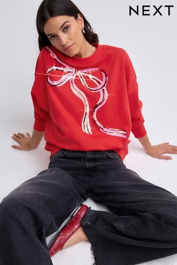 Bright Red/Silver Christmas Sparkle Sequin Front Bow Graphic Crew Neck Sweatshirt (B95218) | £30