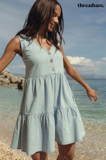 Threadbare Blue Cotton Chambray Sleeveless Smock Dress (B95313) | £34