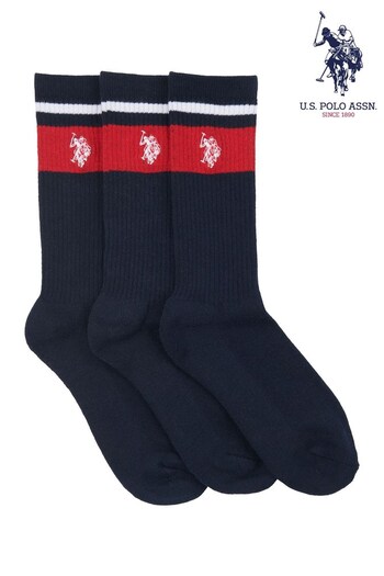 U.S. Polo Assn. Mens Brand Stripe Sports White Socks 3 Pack (B95350) | £20