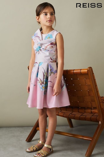 Reiss Pink Marti Junior Floral Scuba Twist Fit-and-Flare Dress (B95480) | £55