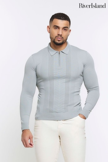 River Island Grey Muscle Fit Long Sleeve Texture Polo Knit T-Shirt (B95667) | £32