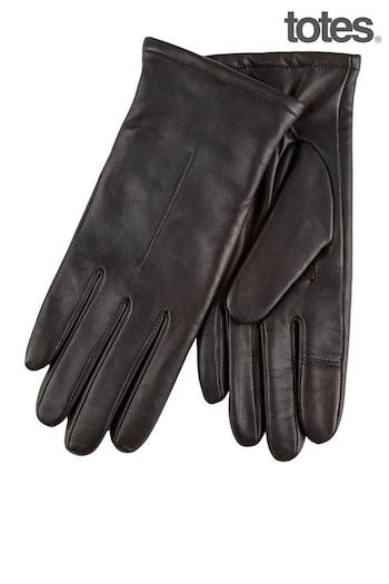 Totes Black Ladies Isotoner One Point Premium Leather Gloves (B95762) | £50