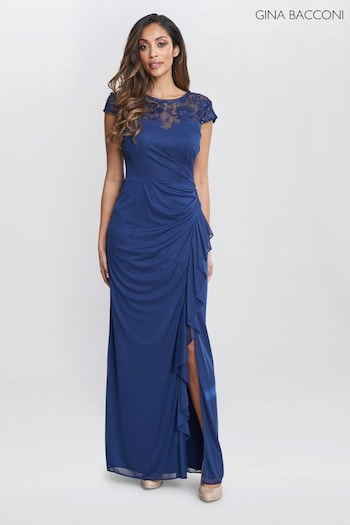Gina Bueno Bacconi Blue Cecilia Maxi Dress With Embroidered Illusion Neckline (B95845) | £299