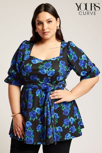 Yours Curve Black Floral Puff Sleeve Peplum Top (B95885) | £39